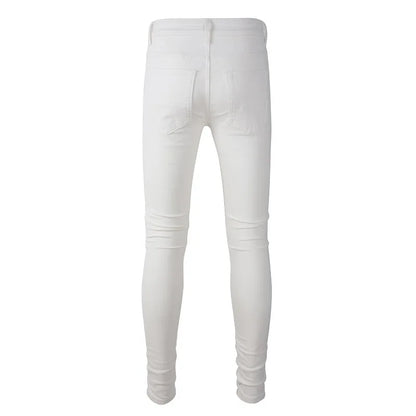 Men's White Stretch Ripped Biker Jeans Slim Skinny Pleated Patchwork Denim Pants