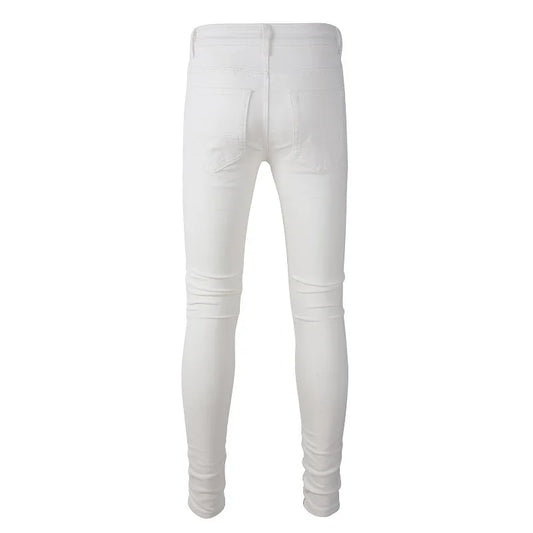 Men's White Stretch Ripped Biker Jeans Slim Skinny Pleated Patchwork Denim Pants
