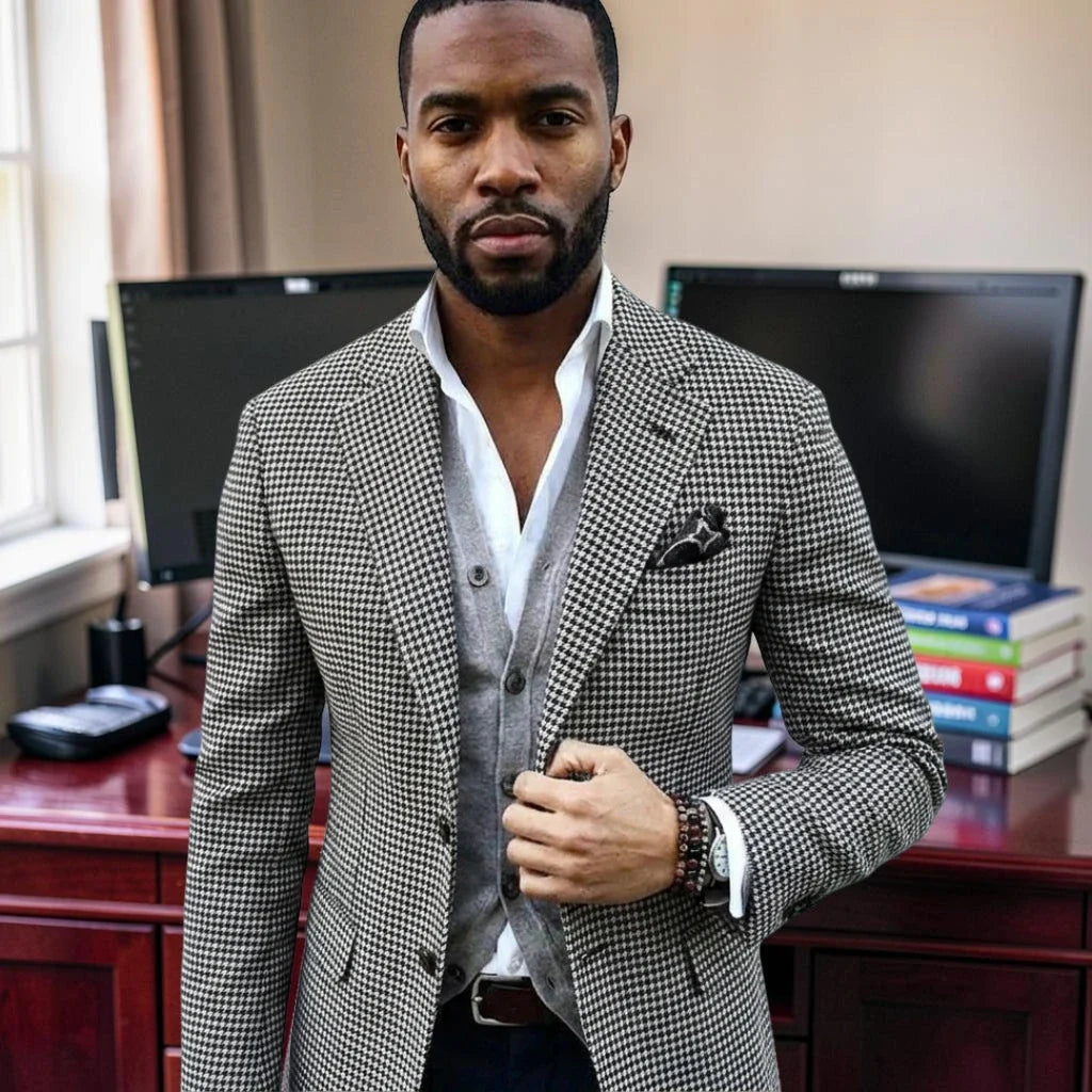 Plaid Suit Jacket for Men 1 Pieces Slim Fit Notched Lapel Houndstooth Wedding Blazer with Two Buttons Stock Classy Male Fashion