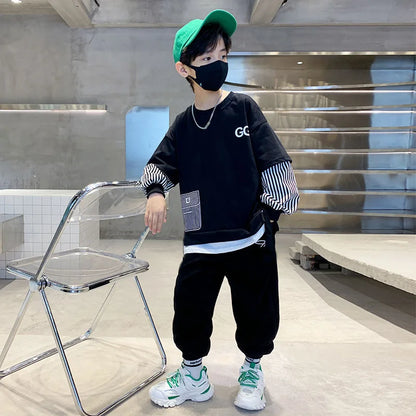 Spring Autumn Girls Boys Striped Patchwork Workout Sweatshirt+Sweatpant Set School Kid 2PCS Tracksuit Child Jogger Outfit 3-14Yr