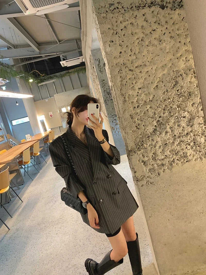 Ele Stripe Loose Faionable Suit Jaet with Belt Hong Kong Sle Retro Chic Top Women's Busin Casual Outerwear