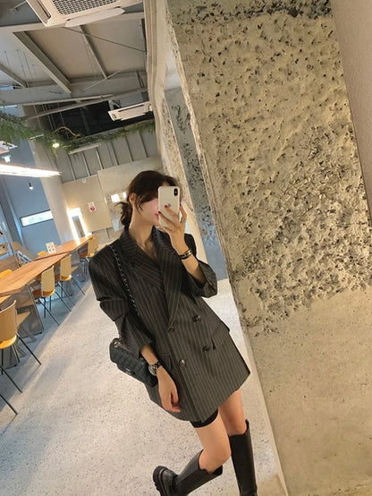 Ele Stripe Loose Faionable Suit Jaet with Belt Hong Kong Sle Retro Chic Top Women's Busin Casual Outerwear