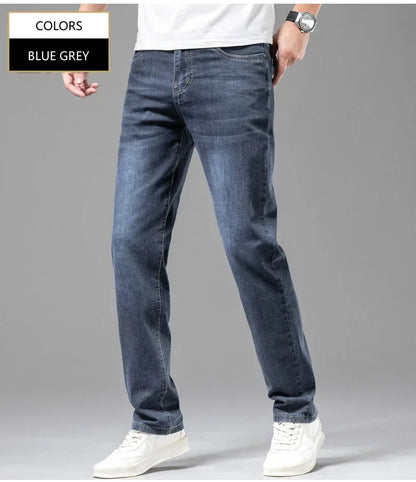 Summer Brand Men's Fit Straight Lightweight Cotton Stretch Jeans Business Casual High Waist Thin Light Grey Jeans mens pants