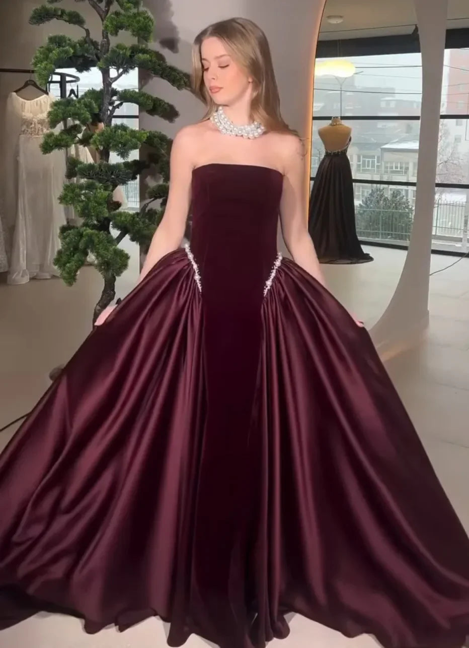 2026 Luxury Boat Collar Pleated Velour Evening Dress Backless Floor Length Beaded Pearls Saudi Party Gown for Women Customized