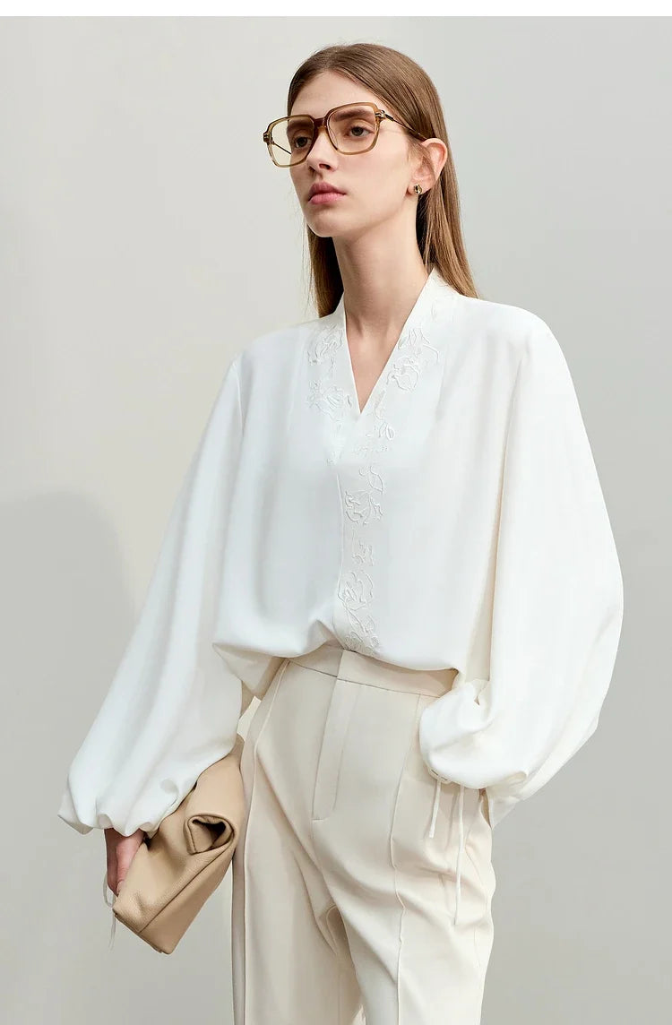 Chiffon Women's Blouse 2025 Autumn New V-neck Letter Embroidered Top Elegant Lantern Sleeve Loose Women's Shirt 12421028