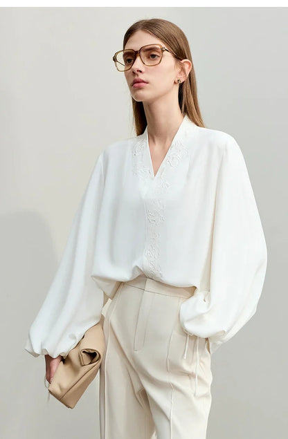 Chiffon Women's Blouse 2025 Autumn New V-neck Letter Embroidered Top Elegant Lantern Sleeve Loose Women's Shirt 12421028