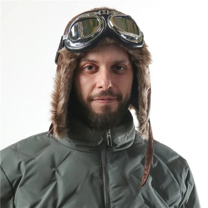 Winter Men Bomber Hat With Goggles Outdoor Motorcycle Windproof Warm Faux Fur Pilot Earflap Hat Leather Thermal Ushanka