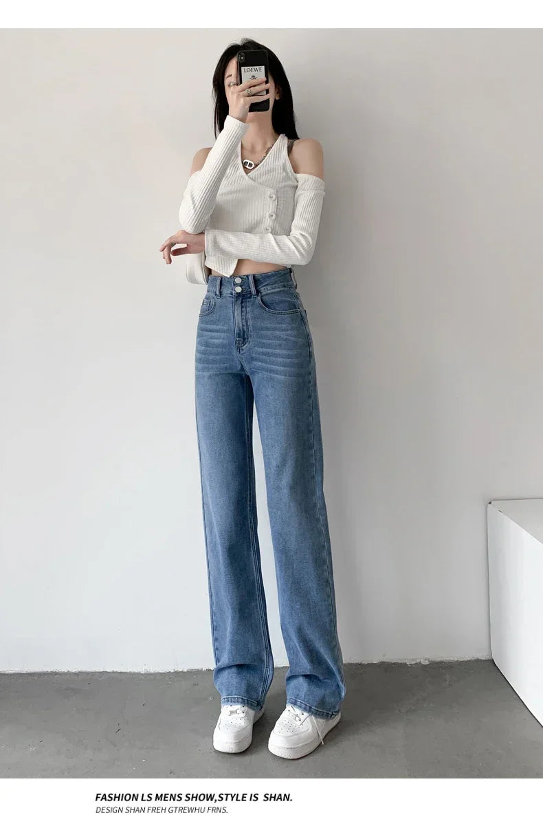 Loose Straight Women's Jeans Fashion Stretch Soft Drape Multi-button High Waist Denim Trousers Street Fashion Female Clothing