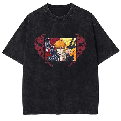 Japan Classic Anime BLEACH Zaraki Kenpachi Print T-shirt Men WomenCasual Tees Vintage Style Cotton Clothing Harajuku Washed Tops