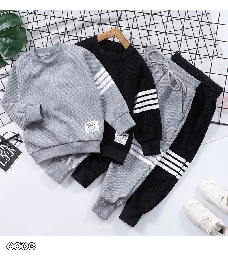 Spring Striped Baby Boys Workout Sweatshirt + Drawstring Sweatpant Sets Kids Tracksuit Child Jumper Pant Jogger Set 2-11 Years
