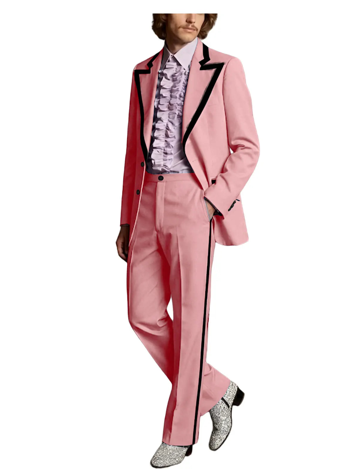 Men's Tuxedo Suit with Black Trim 2-Piece Slim Fit Blazer Pants Set Business Casual Jacket Straight Leg Trousers Formal Outfit
