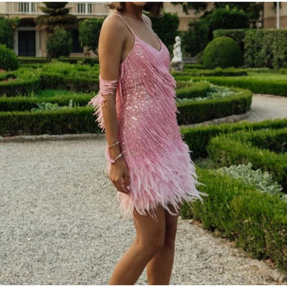2025 New Sexy Tassel Sequins Feather Mini Dress Women Spaghetti Strap Stitching Dresses Female Elegant Evening Party Club Dress