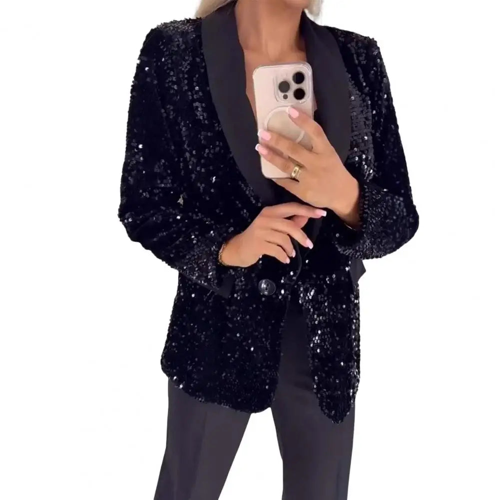 Sequin Suit Coat Solid Color Coat Elegant Glitter Sequin Women's Suit Coat with Lapel Long Sleeve Button Jacket for Autumn