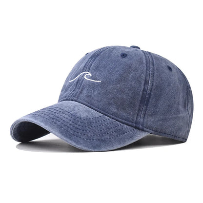 Washed Cotton Wave Embroidered Baseball Cap Unisex Adjustable Dad Hat Casual Retro Style Cap for Men Women Daily Street Wear