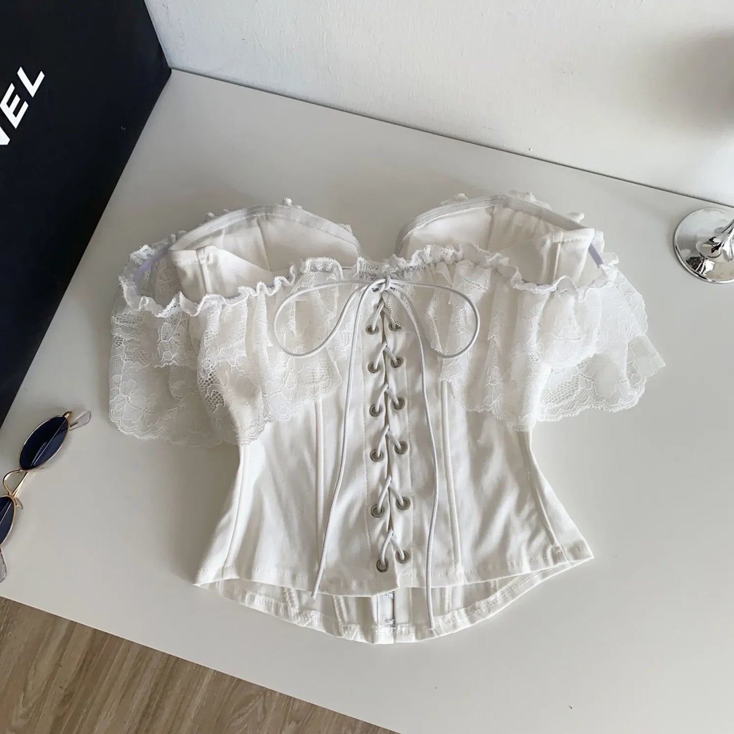 Feminine Lace Corset Tops Off Shoulder Lace Up Splice Summer 2026 Tank Top French Style Court Versatile Sensual Camis