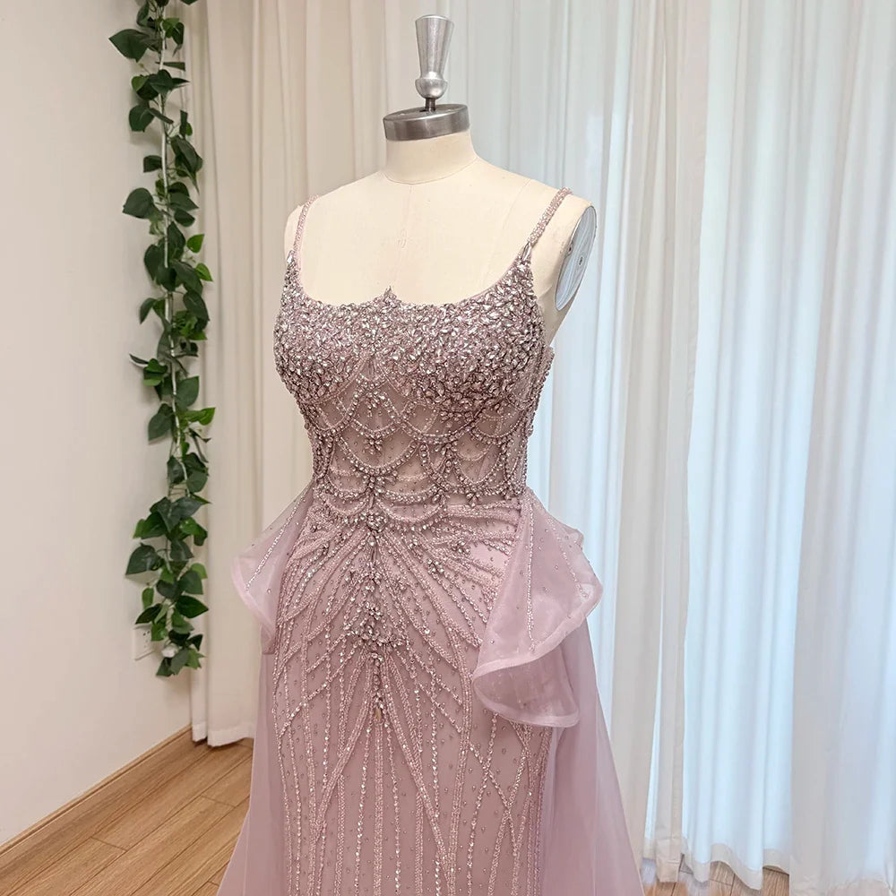 Luxury Beaded Mermaid Evening Dress Spaghetti Strap Detachable Overlay Formal Prom Wedding Party Gown Customized