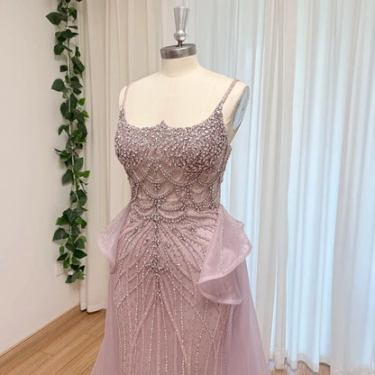Luxury Beaded Mermaid Evening Dress Spaghetti Strap Detachable Overlay Formal Prom Wedding Party Gown Customized