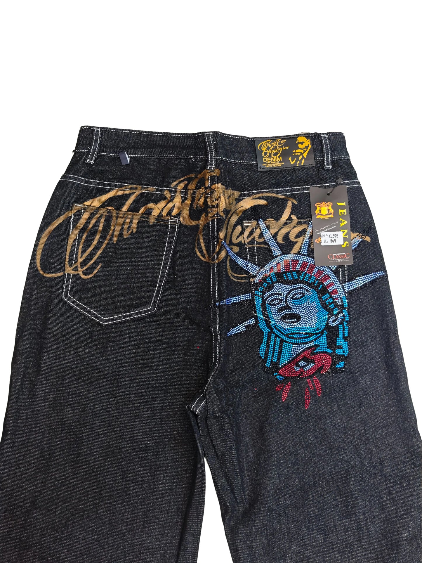 Retro 2000s Diamonds Jeans Y2k Statue of liberty Casual Denim Pants High Waist Straight Harajuku Wide Leg Jeans Women Clothing