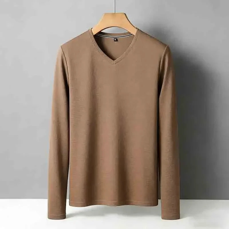 Minimalist Men's V-neck Long Sleeve T-shirt Soft Knitted Fabric Comfortable Top for All Seasons