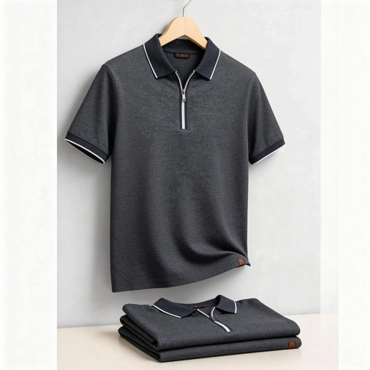 2026 Men's Cotton Blend Polo Shirts Short Sleeve Zippered Soft Breathable Lightweight Casual Solid Color Polo Shirt for Men