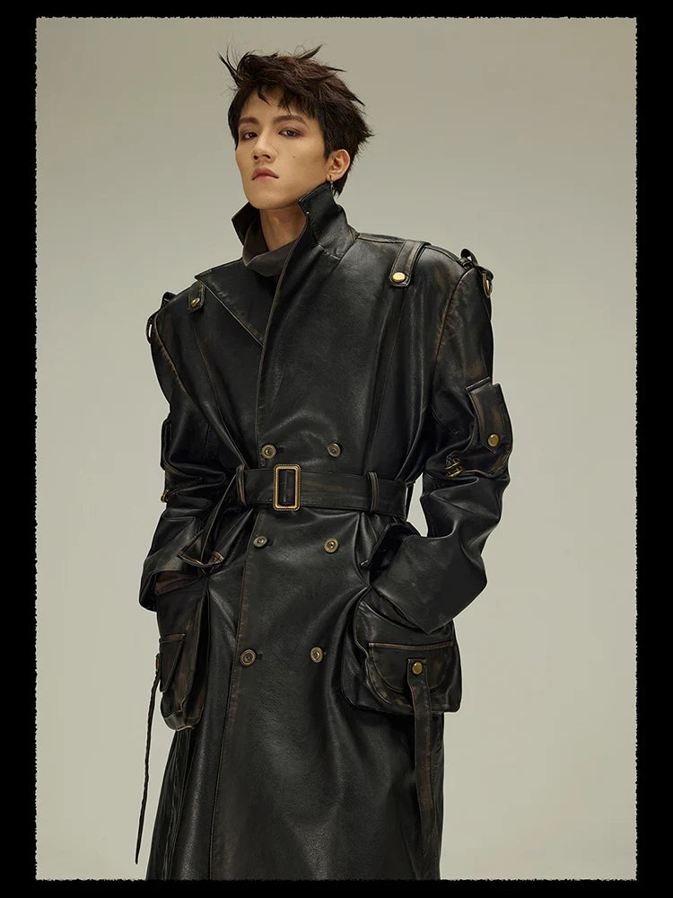 Spring Autumn Long  Distressed Black Pu Leather Trench Coat Men Belt Double Breasted Luxury European Fashion 2023