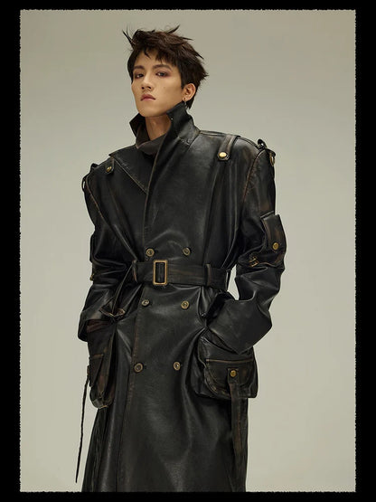 Spring Autumn Long  Distressed Black Pu Leather Trench Coat Men Belt Double Breasted Luxury European Fashion 2023