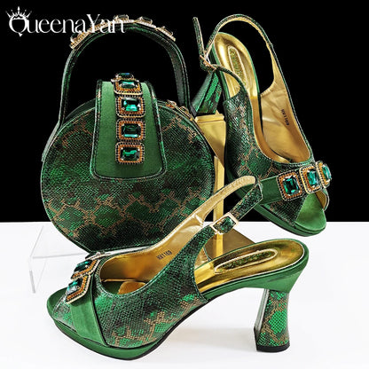 New Luxurious Italian Women's Party Shoes&Bag Set Elegant Golden Rhinestone  Sandals with Peep Toe High Heels Wedding