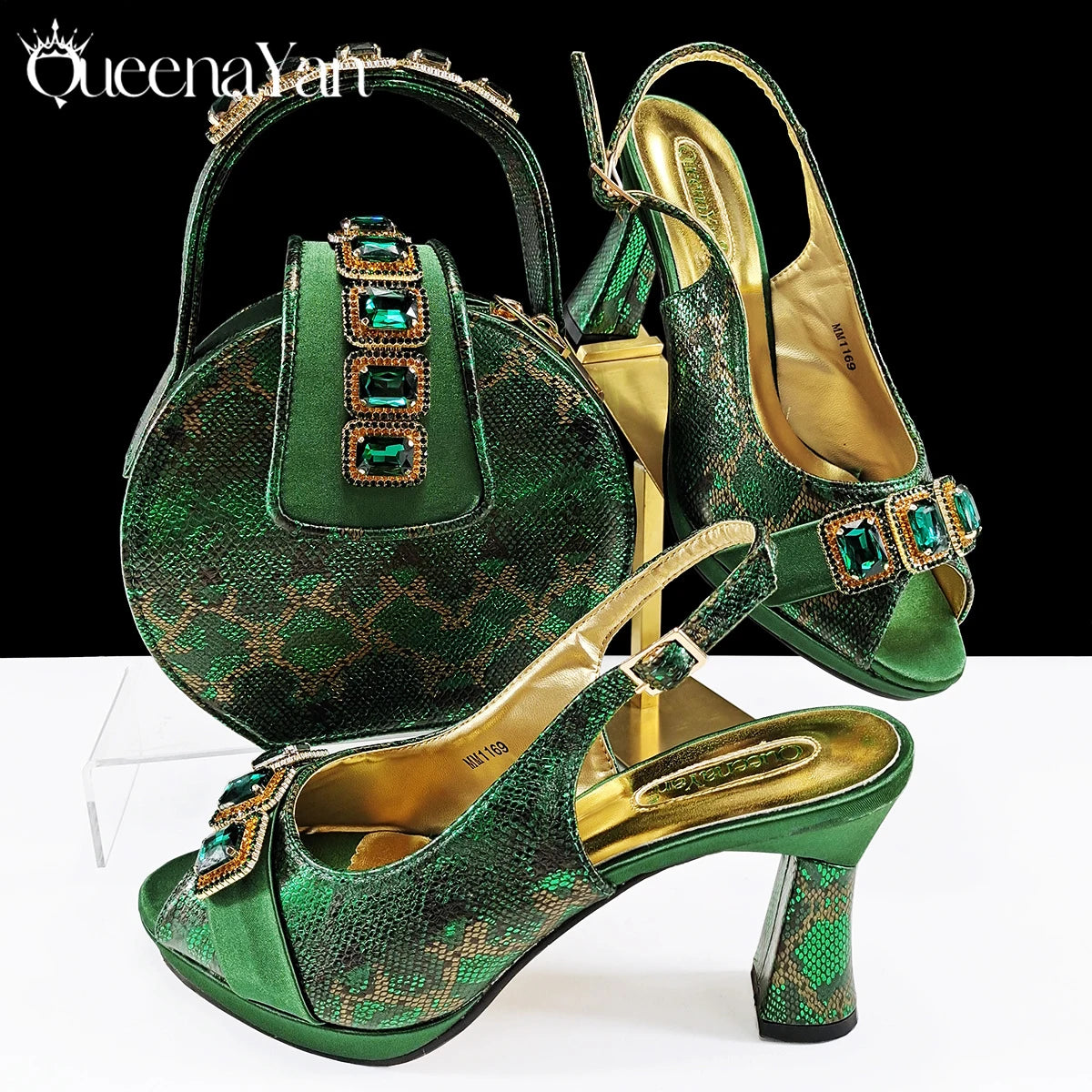 2025 Elegant Green Peep-Toe Women Heel Pumps for Italian Matching Party Shoes and Bags Set for Parties with Diamond Accents