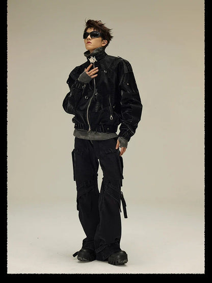 Spring Autumn Cool Short Shiny Black Crocodile Print Pu Leather Jacket Men Luxury Designer Y2K Streetwear Clothes