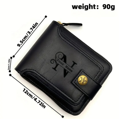 Portefeuille court en cuir PU personnalisé avec chaîne pour homme, portefeuille bifold marron élégant avec nom et texte gravés pour la Saint-Valentin et les anniversaires
