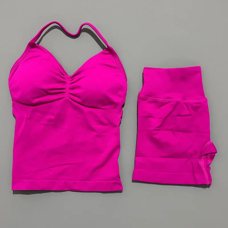 2 Piece Sports Set Women Seamless Yoga Tank With Removable Pads Top Scrunch Butt Workout Leggings Suit Gym Sports Sets