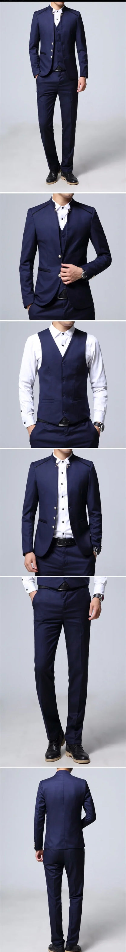Black Stand Collar Men's 3-Piece, Wedding Party Blazer Jacket and Vest with Pants, Blue Asian Size Slim Fit Sets.