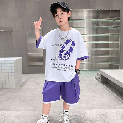 Fashion Stylish Kids Boys Top and Bottom Set Summer Tracksuit Streetwear Children New Trend Short Sleeve Clothes Suit Age 5-14 Y