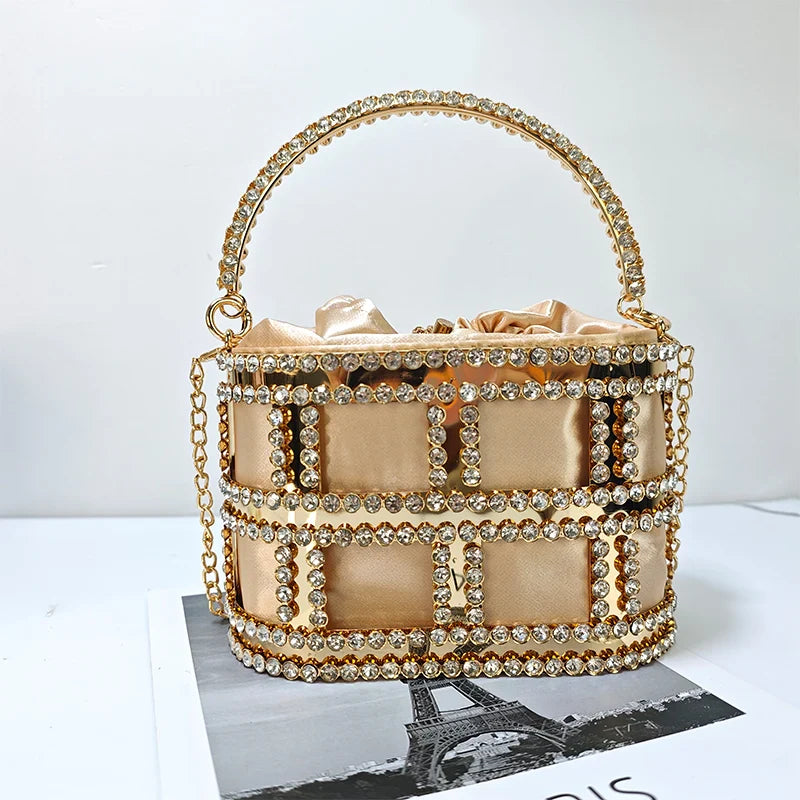 Ladies Rhinestone Evening Bag Fashionable Banquet Luxury Designer Handbag Metal Unique Bucket Versatile Women Tote Bag