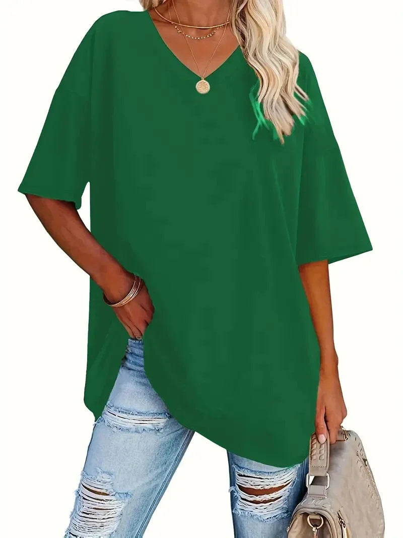 Women's Loose V-Neck Top Spring/Summer New Color Half Sleeve European American Style Clothing Amazon Foreign Trade
