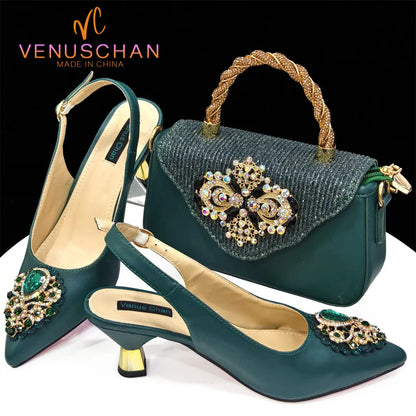 Italian Shoes and Bags Matching Set 2024 Nigeria Elegance Party Rhinestone Pointed Toe Women's Shoes High Heel