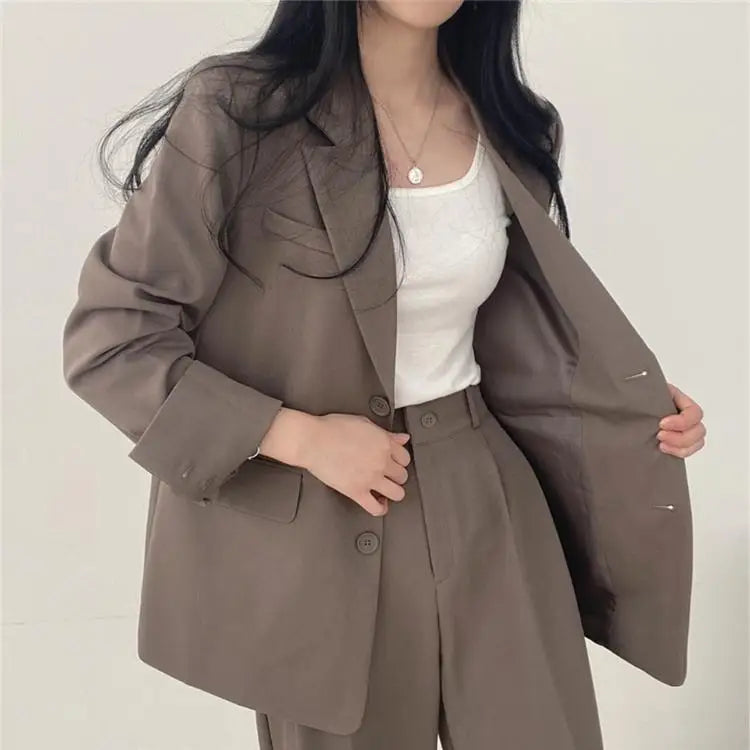 Casual Notch Lapel Suit Set with Button Thick Wide Leg Small Suit Pants High Waist Drape Polyester Business Lady Style Women