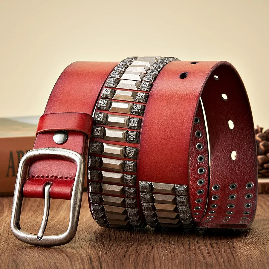 New Cowboy Motorcycle Jeans Heavy Metal Rivet Belts For Men Genuine Leather Belt Punk Rock Male Strap Ceinture Homme