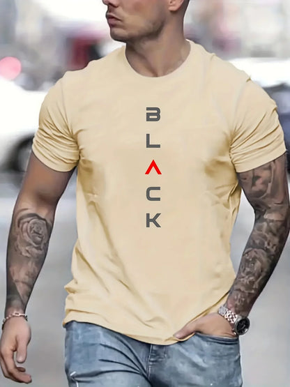 Men's Summer Casual Loose Size 100% Cotton Black Print Round Neck Short Sleeve T-shirt Top
