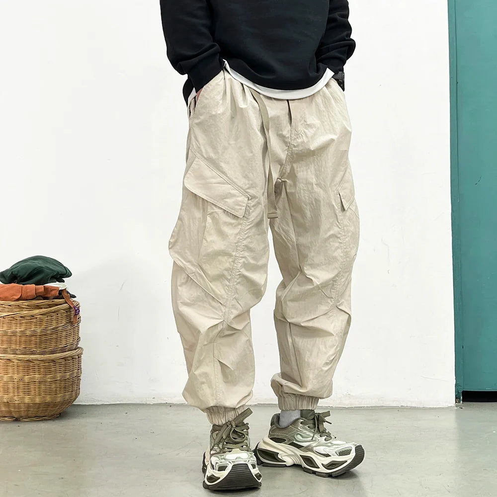 Korean Techwear Cargo Pants Men Spring Summer Quick Dry Lightweight Streetwear Casual Loose Fit Tapered Joggers Hip Hop Trendy