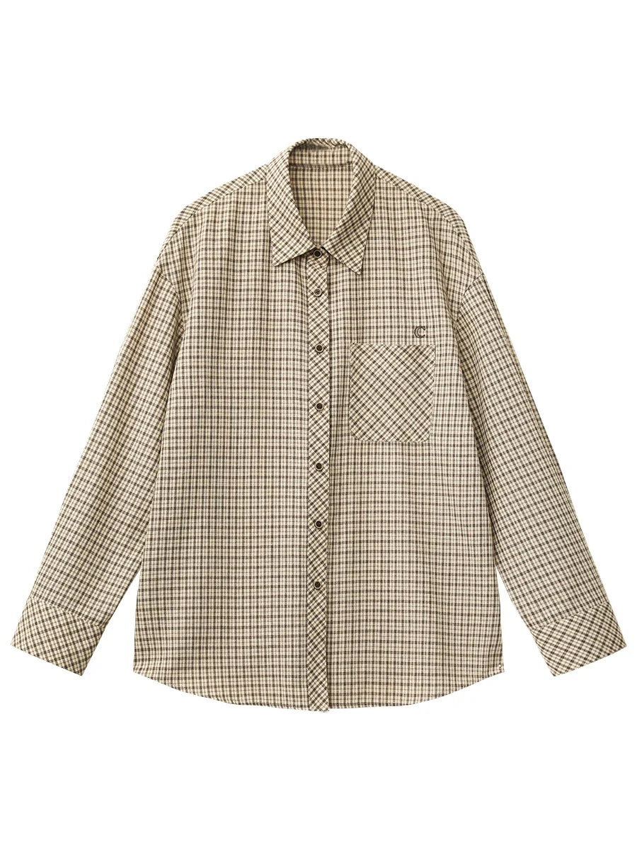 Women Shirt Loose Casual Single-breasted New Retro Contrast Plaid Embroidered Blouses Female Top Autumn Winter 2026