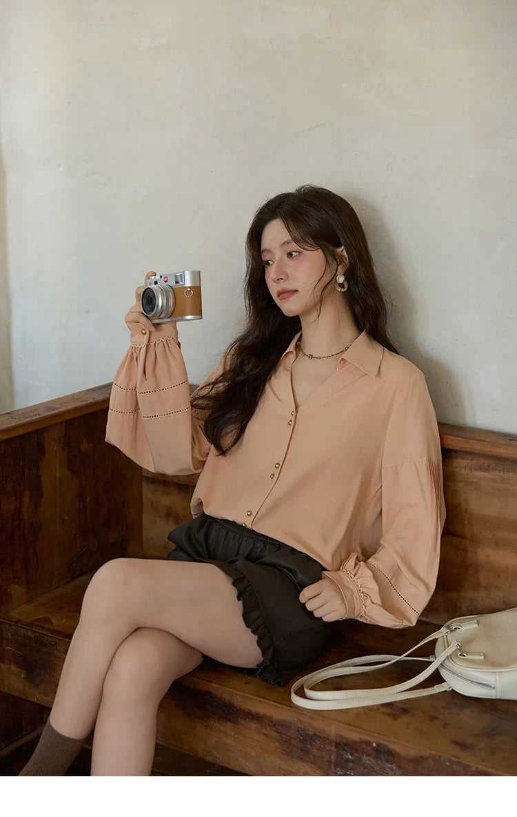 Women's Shirt Lantern Sleeve Hollow Out Tops 2025 Autumn Single Breasted Solid Shirts Lapel Shirt Office Lady MXE41C2359