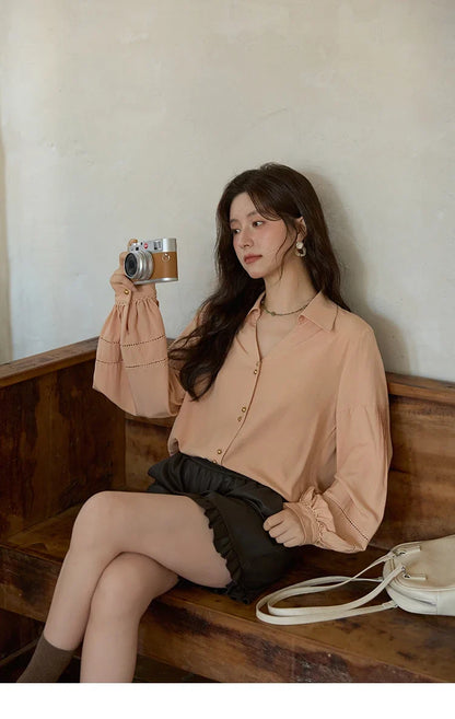 Women's Shirt Lantern Sleeve Hollow Out Tops 2025 Autumn Single Breasted Solid Shirts Lapel Shirt Office Lady MXE41C2359