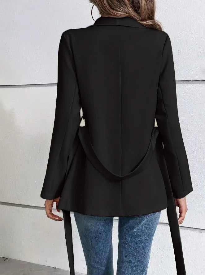 Fashionable Pure Color Long Sleeve Suit Jacket with Belt Waist Cinching Versatile Outerwear for Women Elegant Commute Style