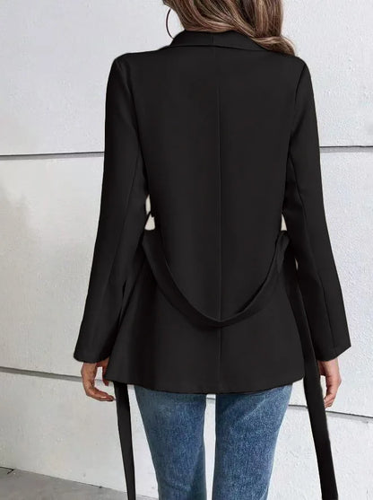 Fashionable Pure Color Long Sleeve Suit Jacket with Belt Waist Cinching Versatile Outerwear for Women Elegant Commute Style