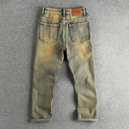 Do old wash retro American trend jeans men's catwhiskers embroidery craft comfortable straight leg casual pants