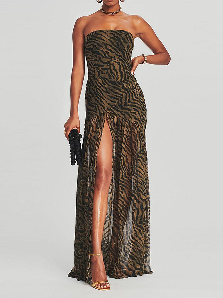 Women Tube Top Dress Slim Strapless Backless Mesh Patchwork Tropical Print High Slit Long Dress for Party Club Night