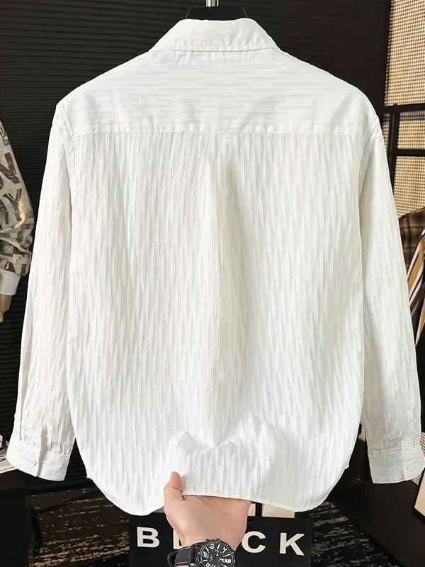 Casual Ice Silk Bubble Men's Anti-Wrinkle Summer Loose Fashionable Long Sleeve Shirt Urban Style Flip Collar Button Closure