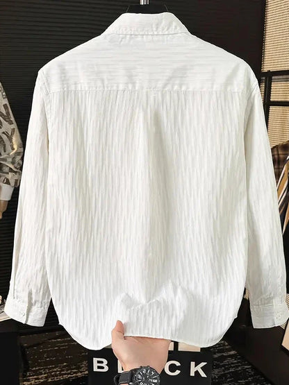 Casual Ice Silk Bubble Men's Anti-Wrinkle Summer Loose Fashionable Long Sleeve Shirt Urban Style Flip Collar Button Closure