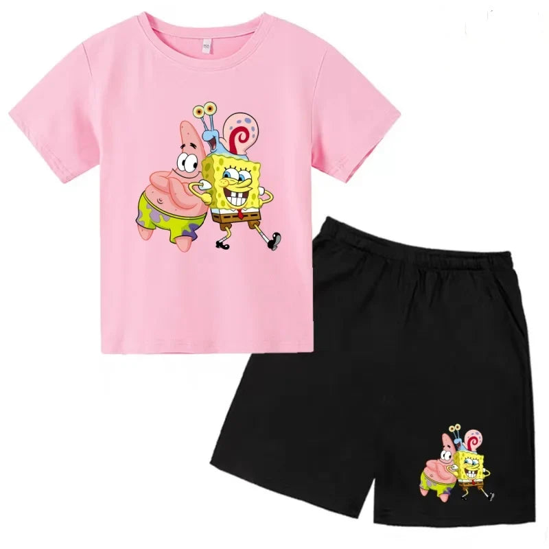 Kids Summer Anime SpongeBob SquarePants Fashion T-shirt 3-12 Years Boys Girls Toddler Short-sleeved+Shorts Casual Sportswear Set